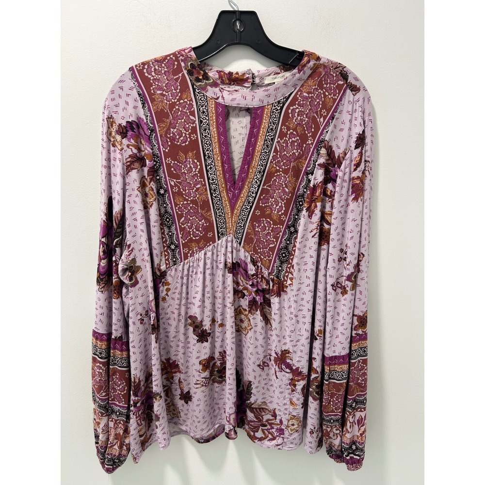 Maurices Purple Floral Boho Babydoll Blouse Keyhole Long Sleeve XL